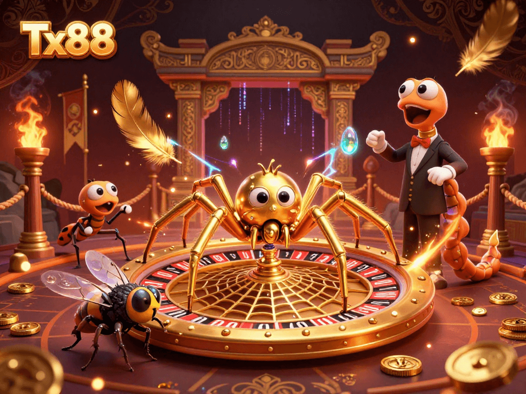 Engage in thrilling bets at Tx88 casino, where a golden spider spins a roulette wheel of fortune.