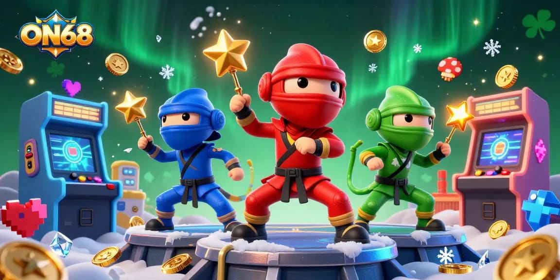 Engage with ON68's vibrant gaming world filled with ninjas, arcade machines, and shiny coins!