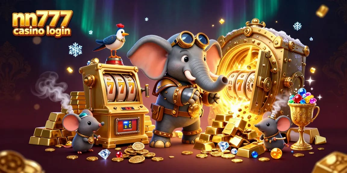 Experience the excitement of nn777 casino login with a vibrant 3D steampunk illustration packed with gaming elements.