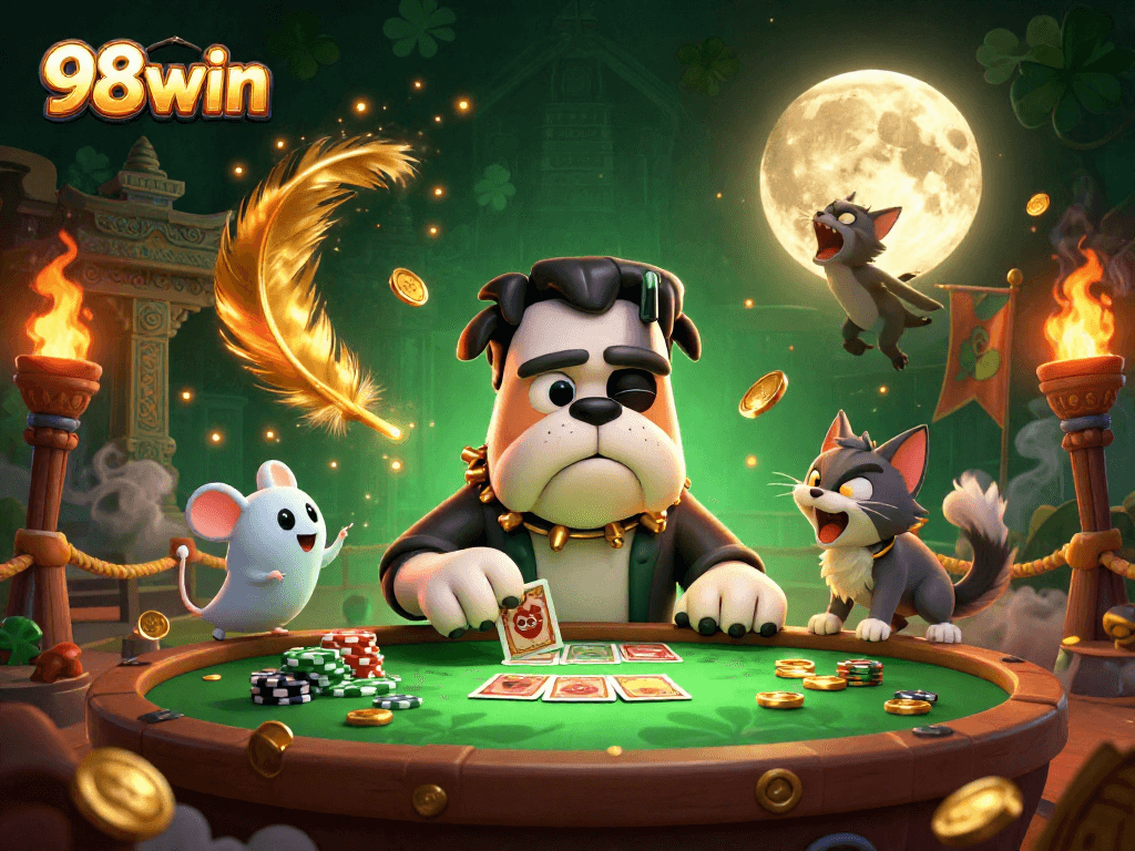 Engage in thrilling gameplay at 98win, where a ghost mouse and fighting spirit meet at a vibrant gaming table.