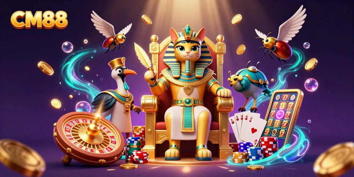 Engage in thrilling gameplay with CM88's vibrant Egyptian-themed casino scene featuring a golden pharaoh cat, spinning roulette, and sparkling gems.
