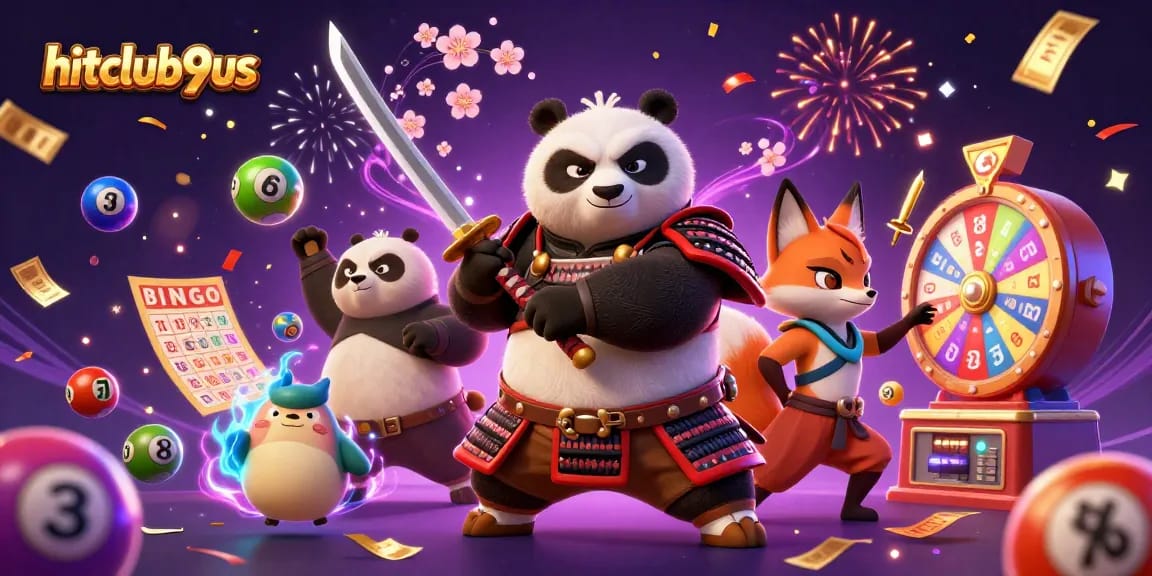 Hitclub9us celebrates with a lively scene of a samurai panda and ninja fox amidst dynamic gambling elements.