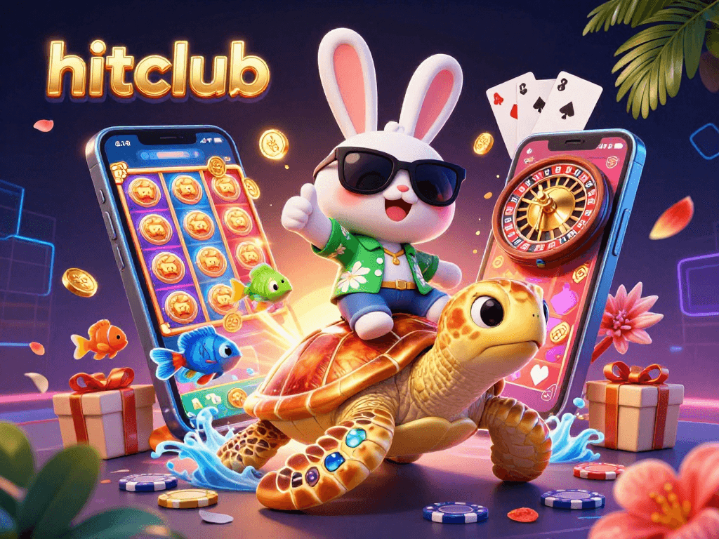 Play exciting slot games at hitclub with the lucky rabbit and golden turtle in a vibrant casino scene.