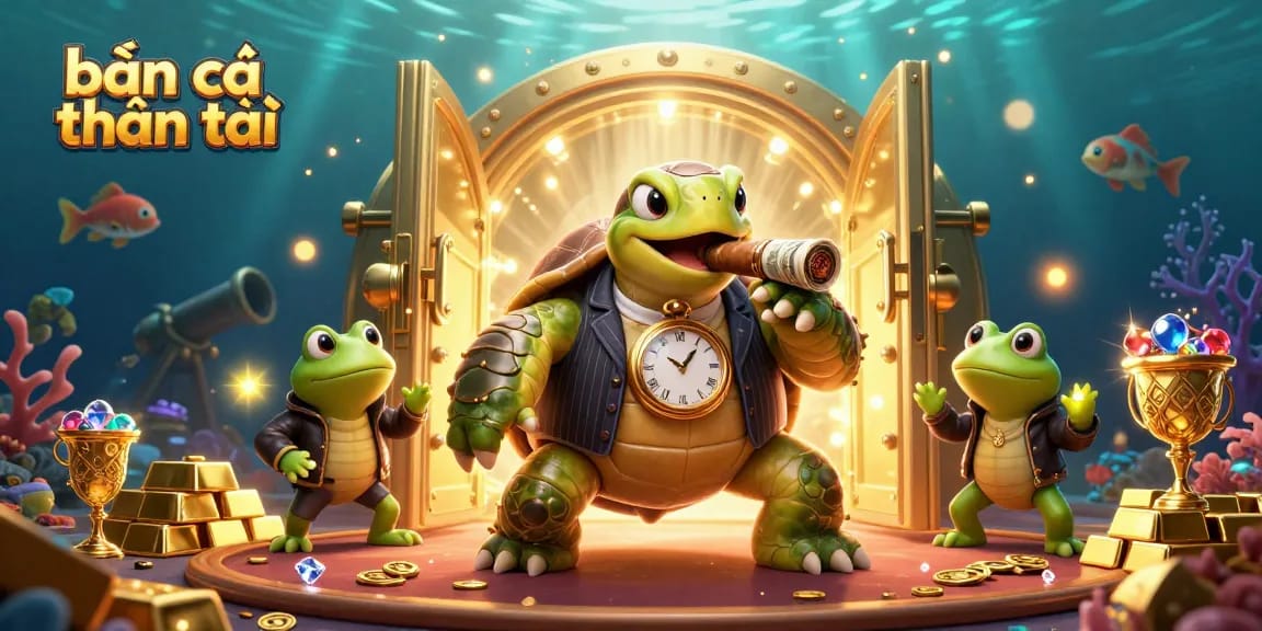 bắn cá thần tài game scene featuring 3D cartoon turtle and bullfrogs amidst treasures