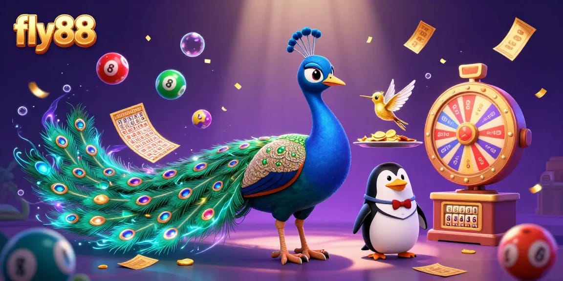 Join the excitement at fly88 with dynamic lottery balls and a majestic peacock!