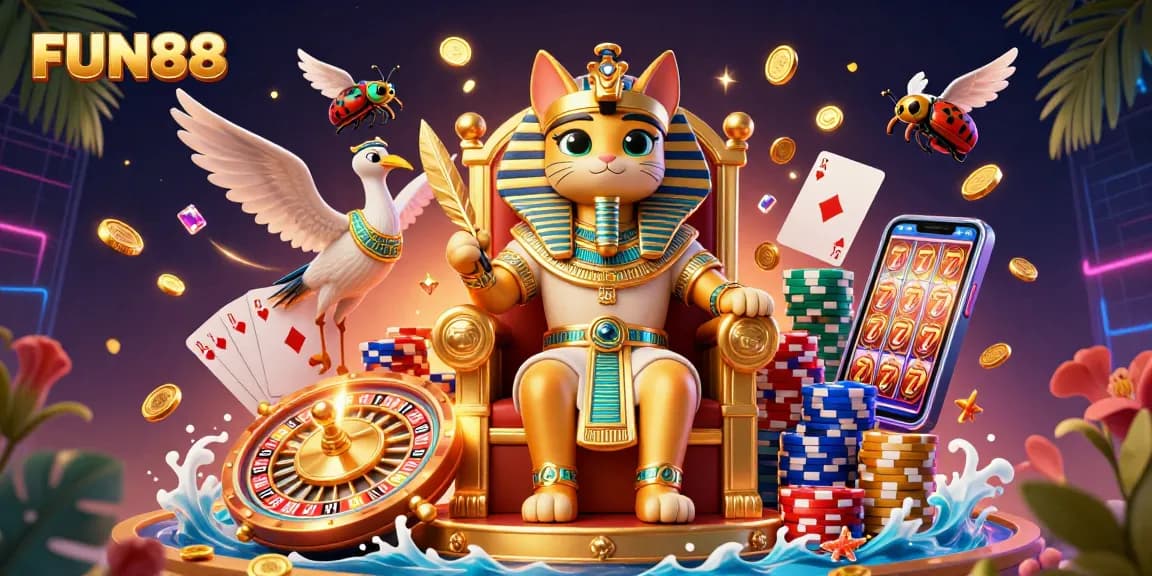 Experience FUN88 with this vibrant 3D casino illustration featuring exciting game elements and lively characters.