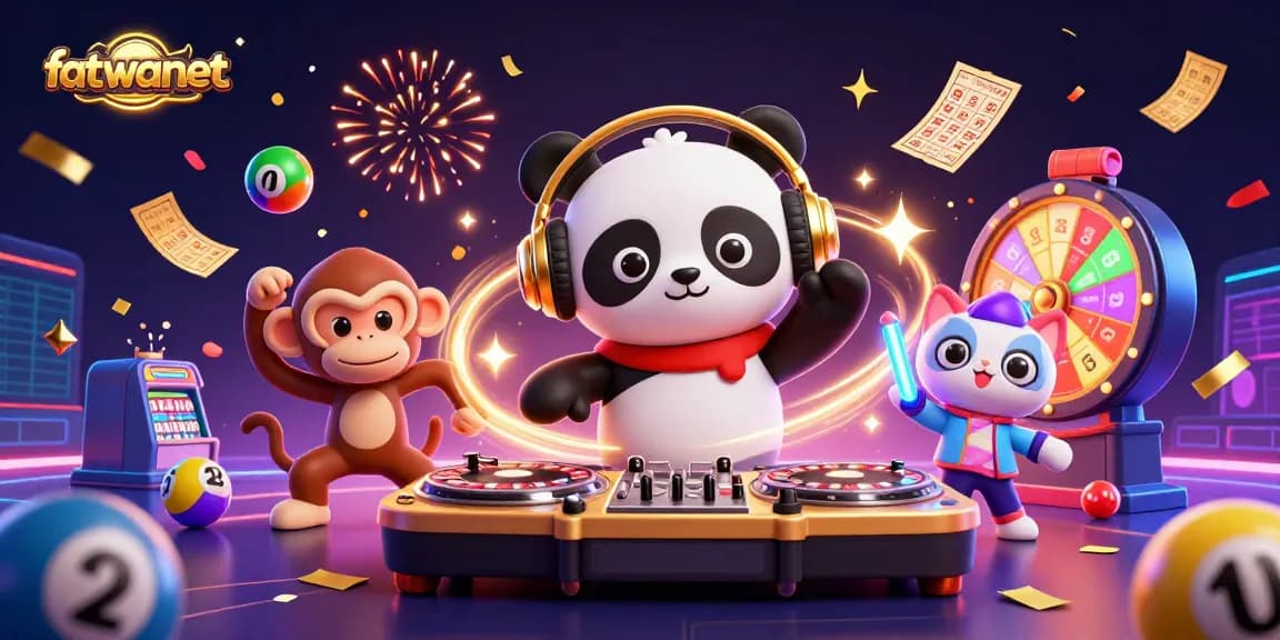 Experience excitement at fatwanet with a lively scene of animated characters engaging in vibrant casino activities.