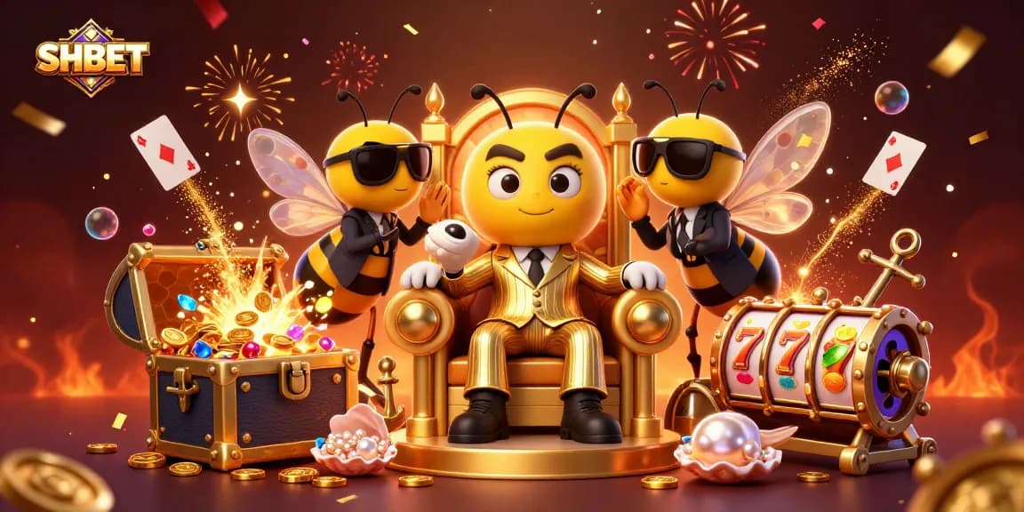 Join the action at SHBET with a cartoon bumblebee mob boss amidst vibrant casino elements.