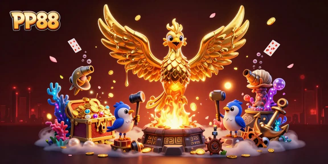 Join the excitement at PP88 with a golden phoenix and vibrant casino elements.