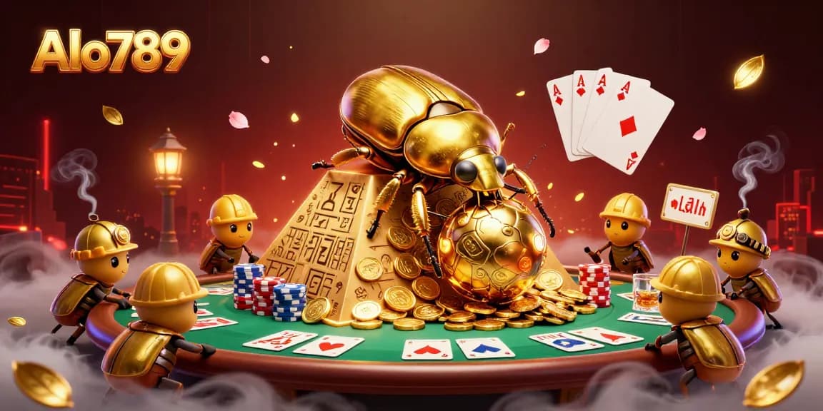 Alo789 showcases a golden beetle rolling coins at a casino, with vibrant gaming elements around