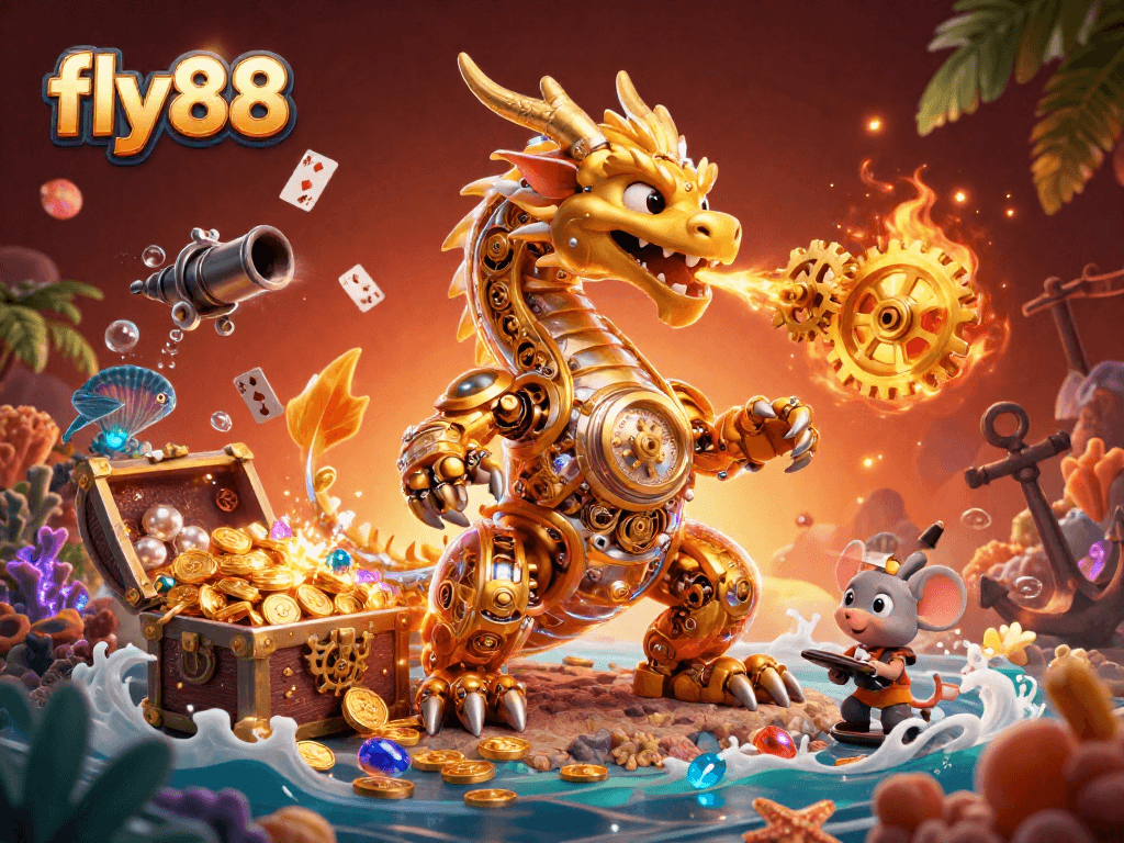 Engage with fly88's immersive gaming experience featuring a vibrant scene of a golden dragon amidst treasures and cards.