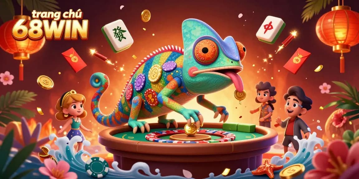 Experience the vibrant energy of trang chủ 68WIN with the chameleon casino owner and festive elements.