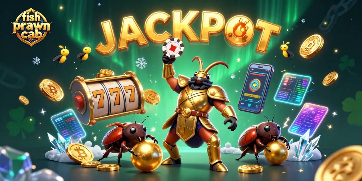 Engage in thrilling fish prawn crab slots with a 3D beetle and vibrant jackpot elements.