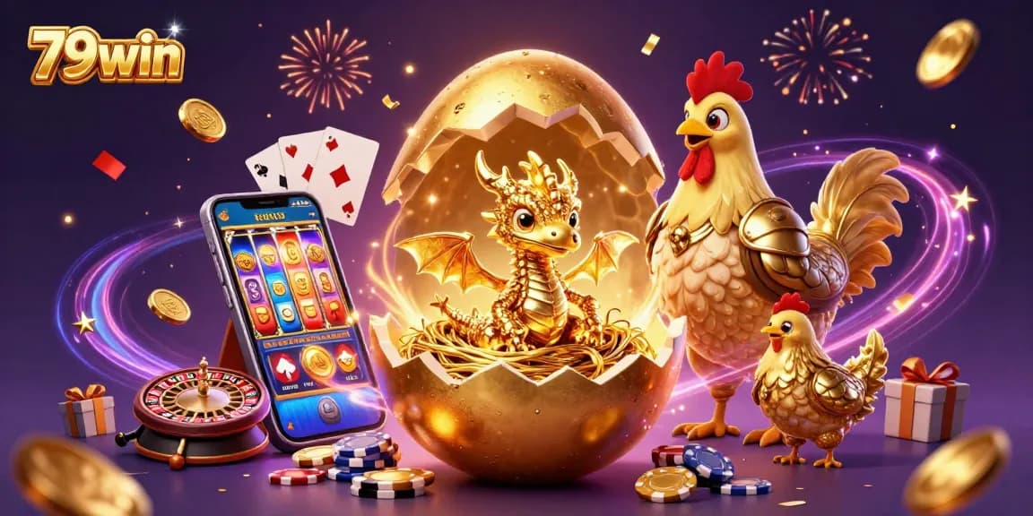 Experience thrilling moments at 79win with a vibrant 3D gaming illustration featuring golden elements.