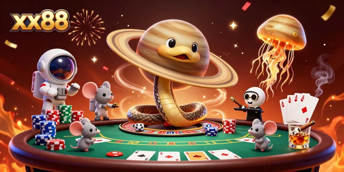 Spin and win with xx88 at a vibrant cosmic casino featuring poker and roulette elements.
