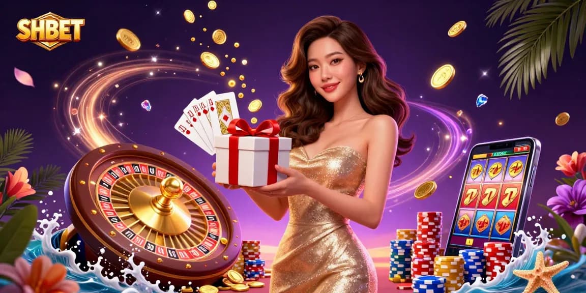 Engage with SHBET's vibrant casino scene featuring a welcoming model, golden coins, and dynamic game elements.