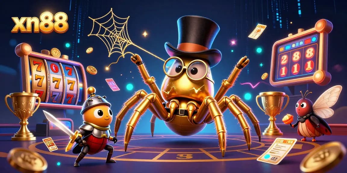 Xn88 offers an exciting gaming experience with slot reels and a giant golden tarantula captivating players.