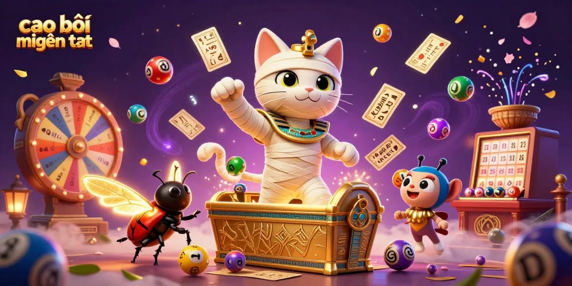 Cao bồi miền tây showcases a thrilling 3D scene of a mummy cat and companions amidst vibrant casino elements, enhancing excitement.