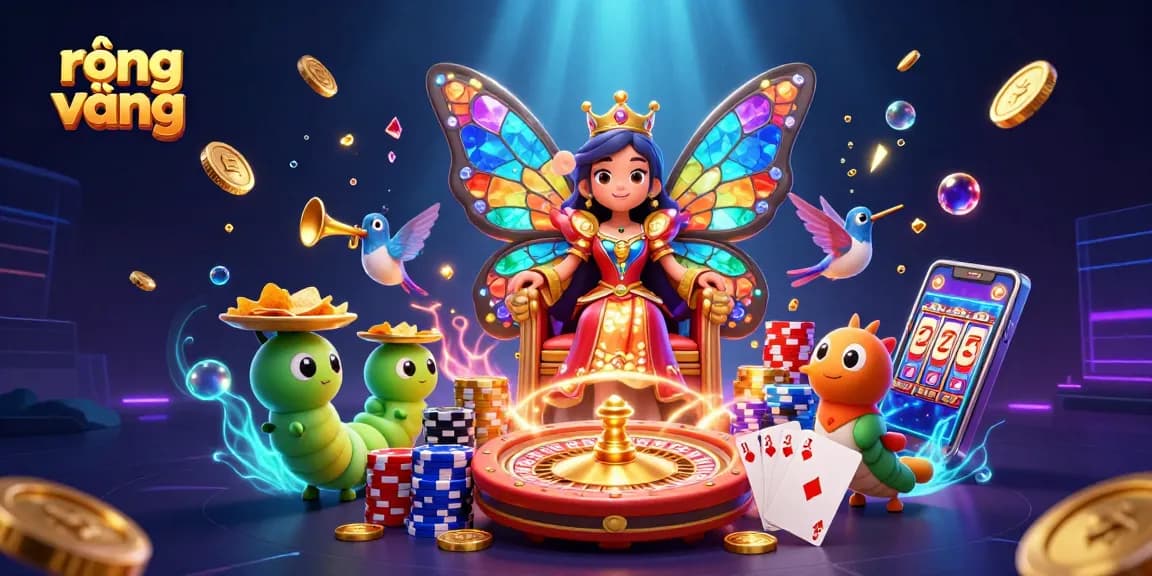 Win big with rồng vàng in this vibrant 3D casino scene featuring butterfly queen and golden treasures.