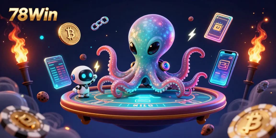 Engage at 78Win with a vibrant scene portraying an alien octopus playing poker in a cosmic setting.