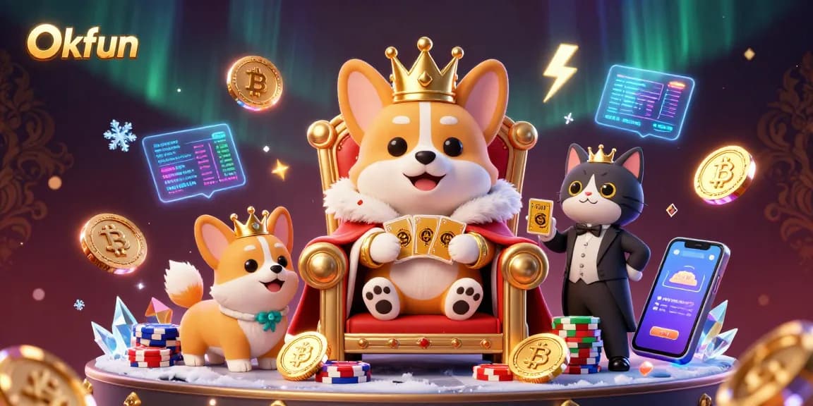 Okfun offers a vibrant casino experience with a royal corgi on a throne of poker chips.