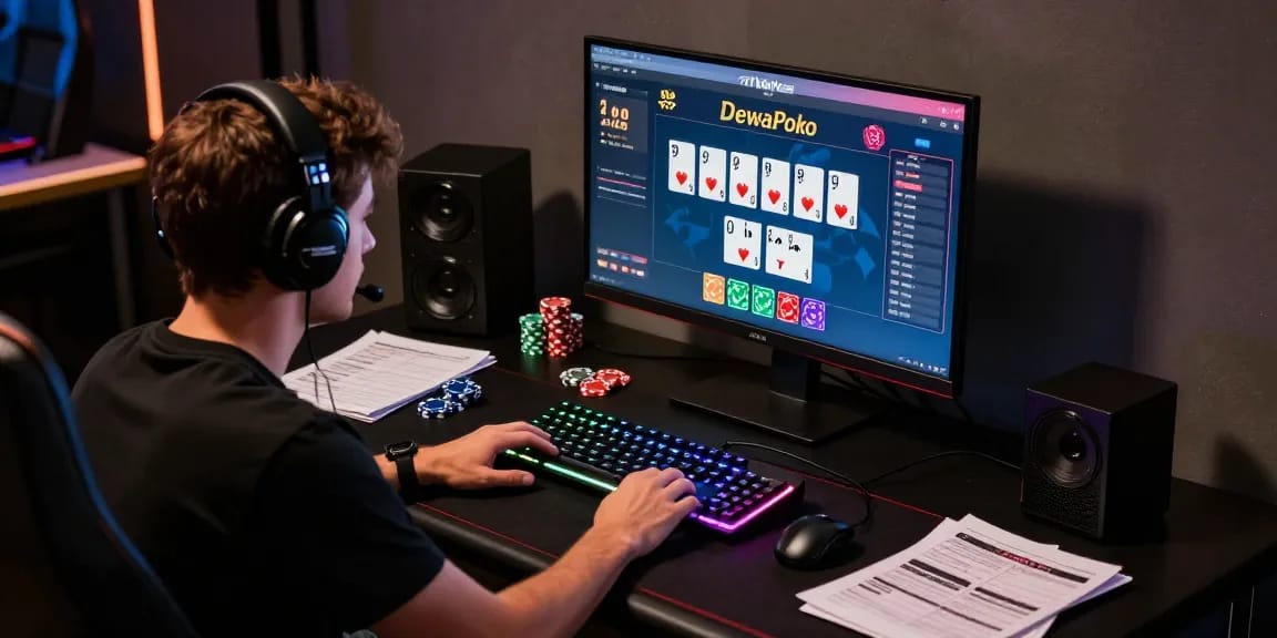 Dewapoker gaming setup with player focused on high-stakes online poker.
