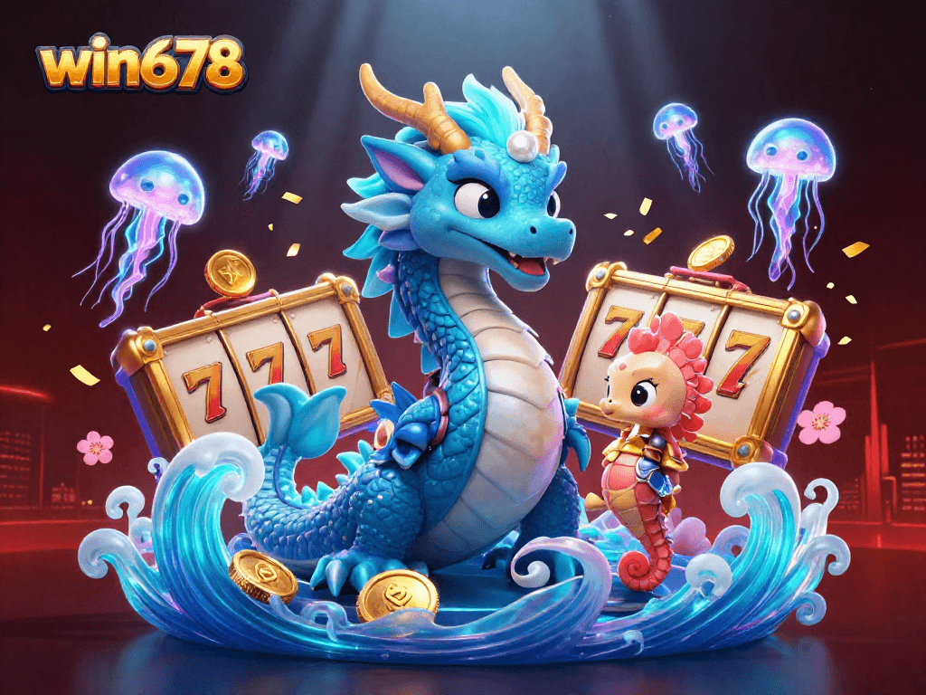 Experience the excitement of win678 with vibrant slot reels, a water dragon, and glowing jellyfish.