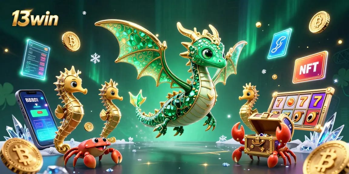 Play and win with 13win's vibrant 3D sea dragon illustration showcasing casino excitement and cryptocurrency.