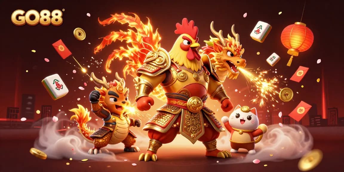 Experience gaming excitement with GO88, featuring a powerful rooster warrior and dragon hatchling.