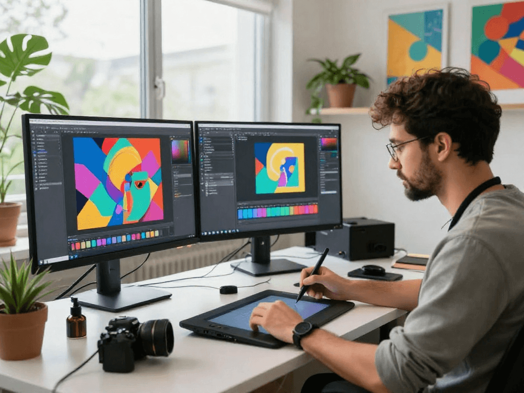 Innovative workspace with an artist using nsfw AI technology to create vibrant digital art.