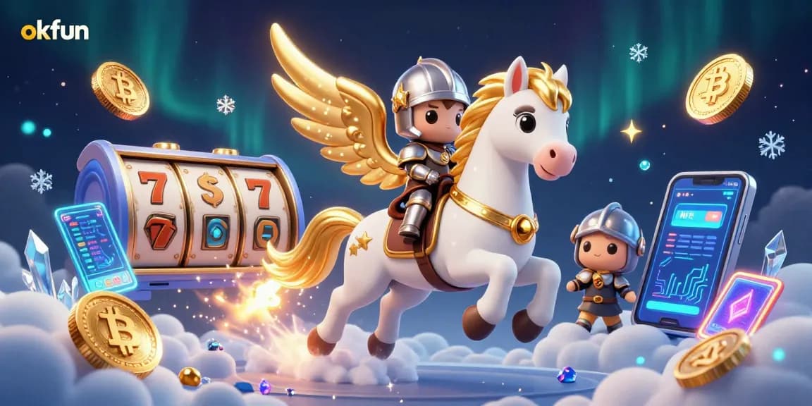 Engage with okfun in a vibrant scene showcasing a celestial horse and knight amidst rich casino elements.