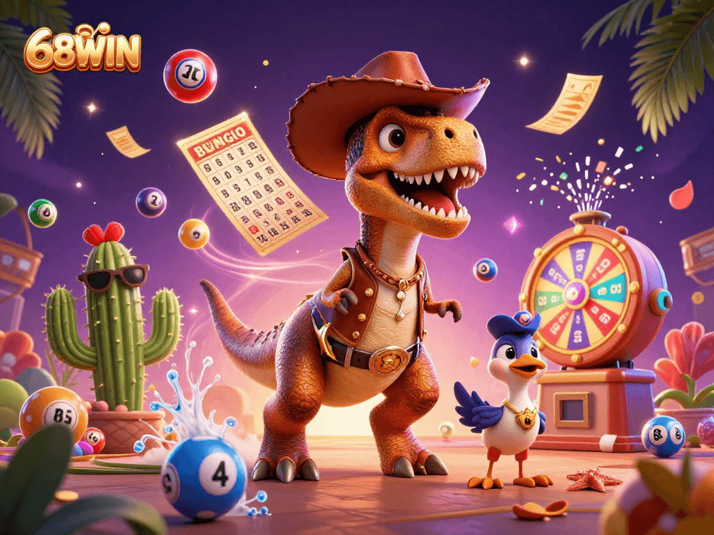Join 68WIN for an exciting online gaming experience with vibrant casino elements and fun characters!