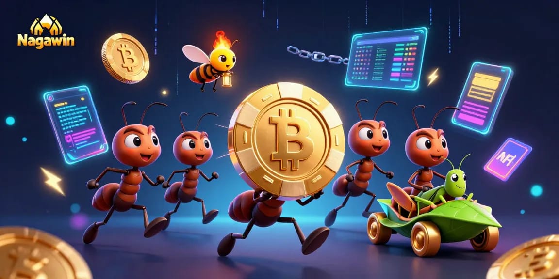 Play and win at Nagawin with a heist of cartoon ants and glowing crypto elements in a vibrant casino scene.