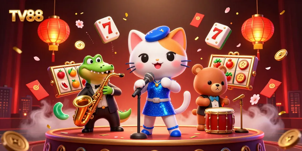 Engage in thrilling winnings at TV88 with lively characters amidst vibrant casino elements.