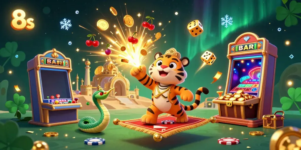 Experience casino excitement with 8s: an Arabian sultan, jackpot slot explosion, and luxurious game elements.