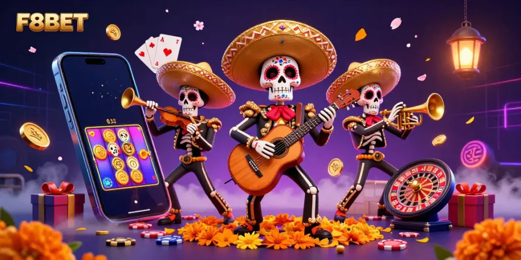 Join the vibrant F8BET mariachi band as they celebrate winning with colorful slots and casino games.