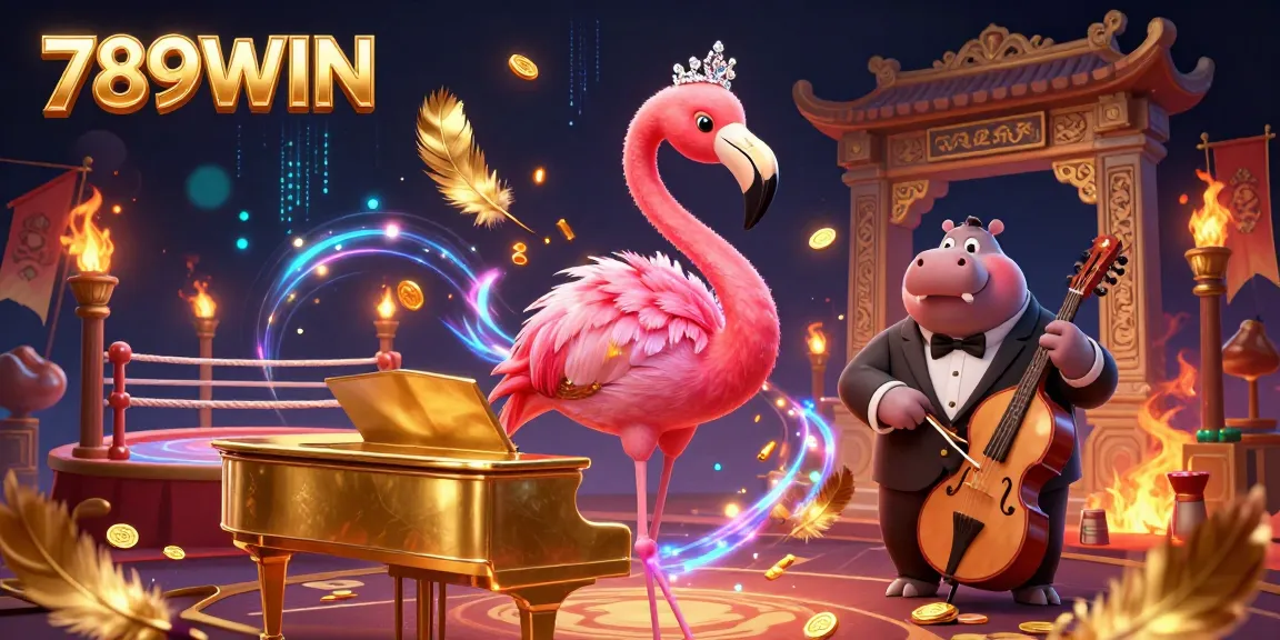 Experience thrilling gameplay at 789WIN with a vibrant casino scene featuring a flamingo singer and a hippo bassist.