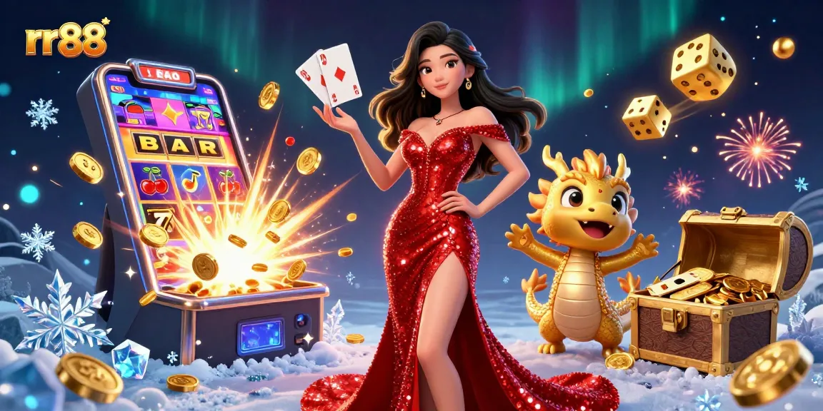 Experience thrilling moments with rr88 in a vibrant casino adventure featuring a confident woman and a cute dragon mascot.