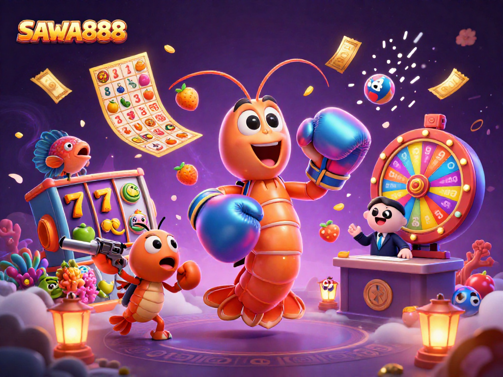 SAWA888 offers thrilling gameplay with colorful slot reels and jackpot counters in a vibrant casino scene.