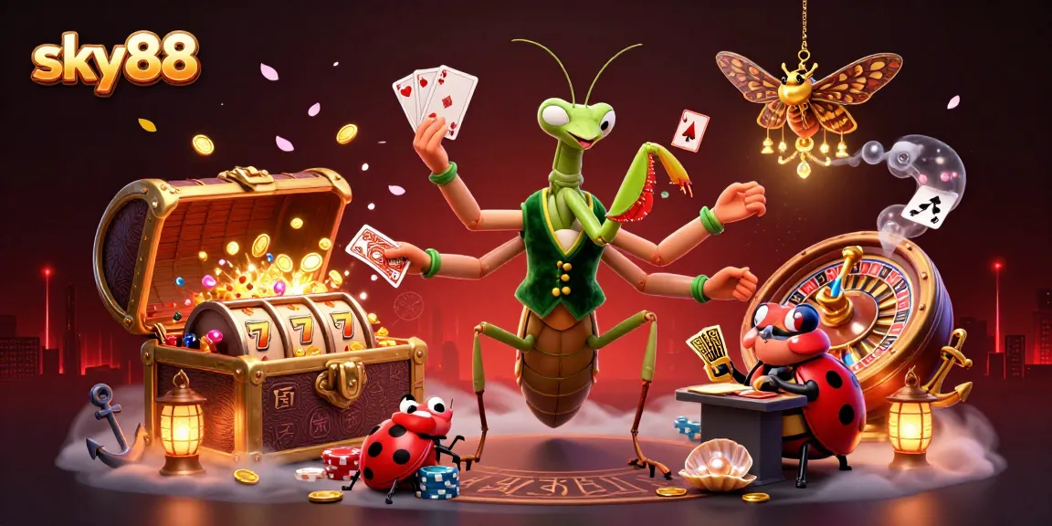 Experience sky88's thrilling gaming atmosphere in this captivating 3D casino illustration.