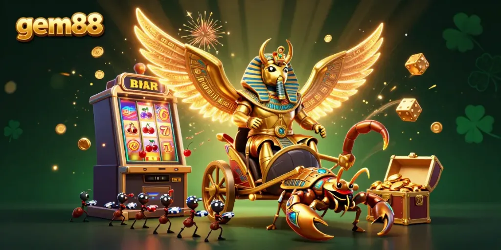 Experience exciting gameplay at gem88 with a vibrant illustration featuring a golden scarab beetle and jackpot slots.