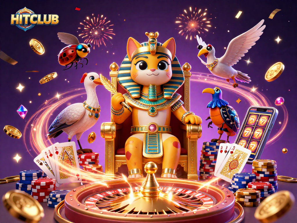 Experience HITCLUB's thrilling gaming adventures with the Egyptian cat pharaoh in a vibrant casino scene.
