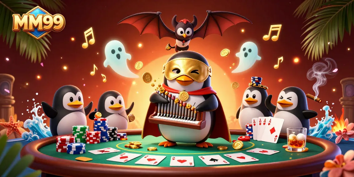 Engage in the vibrant casino experience at MM99, with a penguin playing music and coins flying!