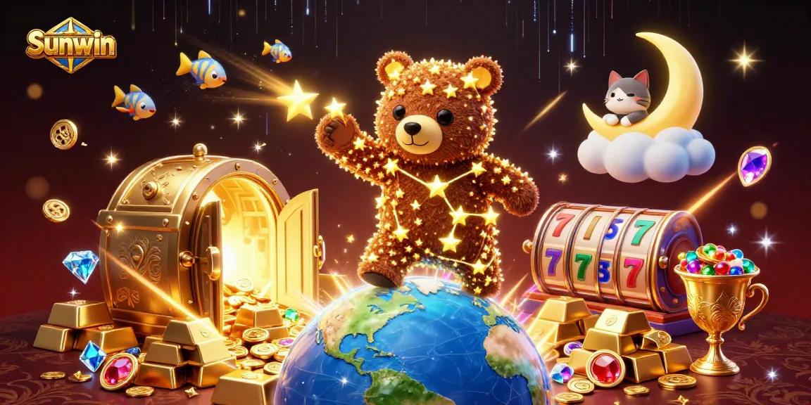 Sunwin players enjoy a vibrant jackpot experience as a constellation bear scoops coins amidst gold treasures.
