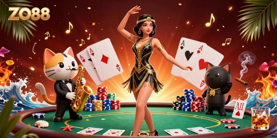 Experience the excitement of ZO88 with colorful poker chips, a lively flapper woman, and a saxophone-playing cat.