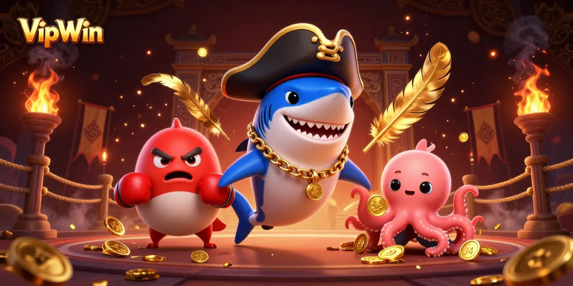Experience thrilling bets with VipWin's pirate shark and friends in a dynamic casino scene.