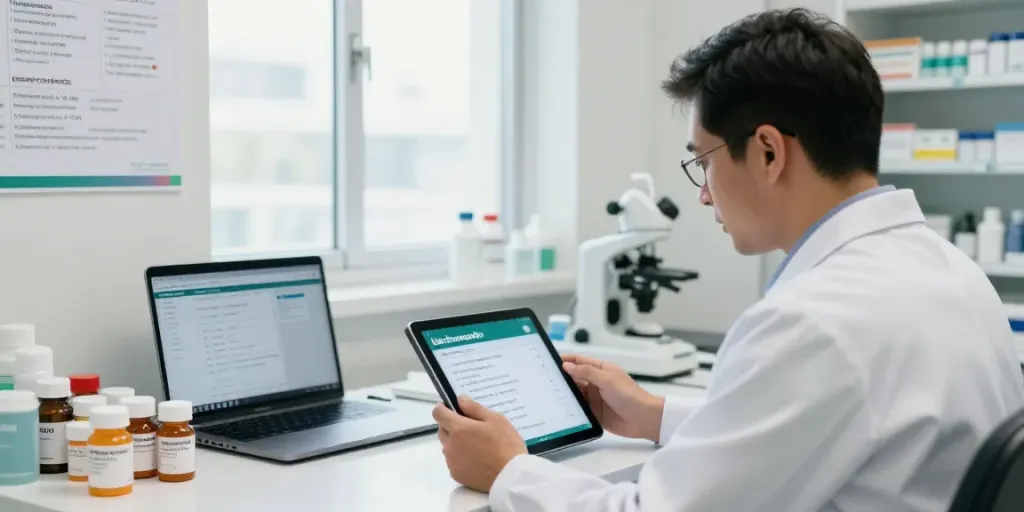 Pharmacist using Uae pharmapedia app in modern pharmacy workspace