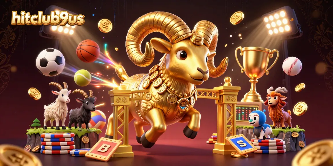 Engage with the hitclub9us experience where a massive golden ram charges through a golden gate in a vibrant 3D casino illustration.