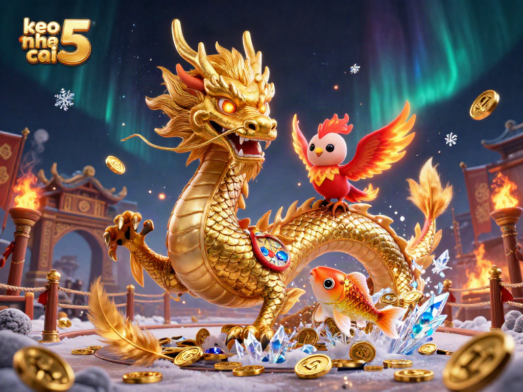 Engage in keo nha cai 5 betting strategies amid a vibrant illustration of a dragon and phoenix.