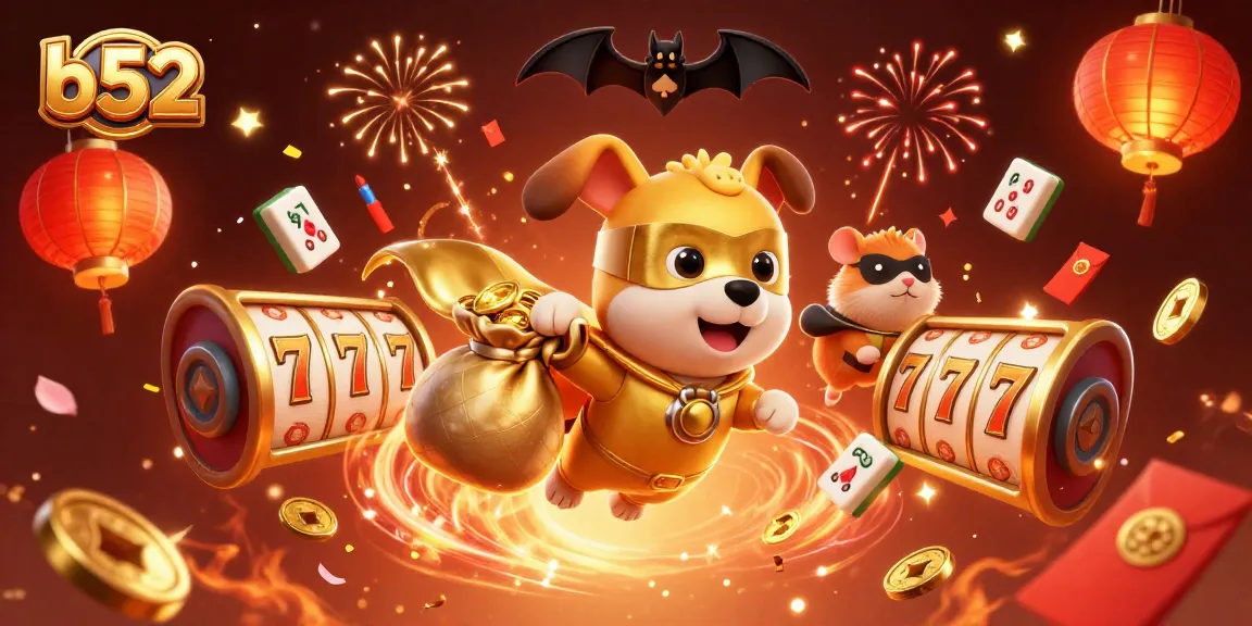 Immersive b52 casino adventure with a superhero dog, gold coins, and festive gaming elements.